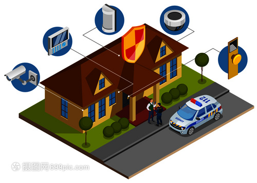 安全系统安装等距成与建筑保护装置符号监视服务人员达矢量插图